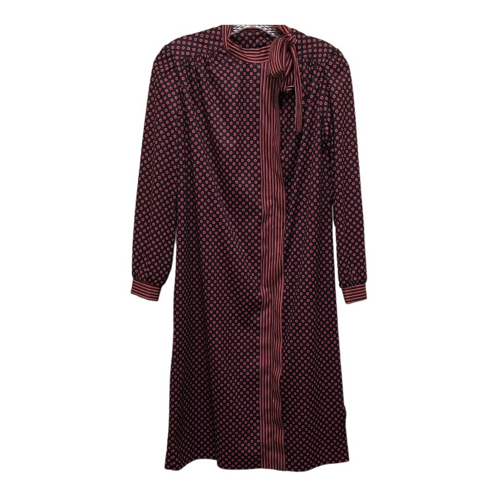 ILGWU  Long Puff Sleeve Polka Dot/Striped Dress Women's Size 6 Navy Blue/Red/Tan